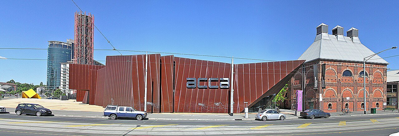 The angular rust-coloured exterior of the Australian Centre for Contemporary Art.